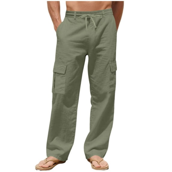Mlzmgr Cotton Linen Pants for Men Loose Fitted Breathable Elastic Waist Vacation Beach Trousers Fall Trendy