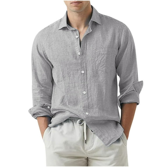 Mlzmgr Cotton Linen Shirts for Men Button down Long Sleeve Mock Neck Shirts with Pockets Summer Loungewear Shirts