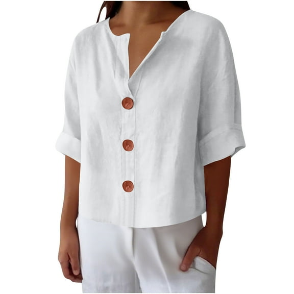 Mlzmgr Cotton Linen Shirts for Women Lightweight Collared Neck Button down Loose Fitted Shirts Womens Trendy