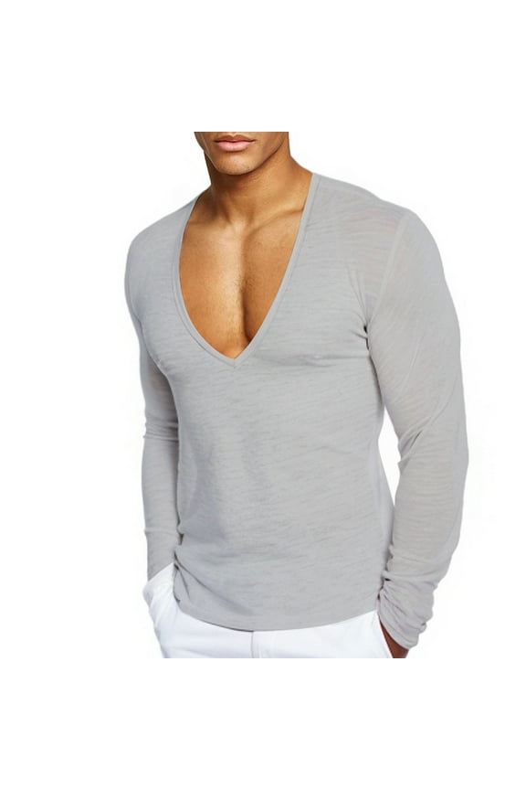 Cotton Shirts for Men Deep V Neck Long Sleeve Stretchy Dance Tops Yoga Workout Gym Muscle Shirts