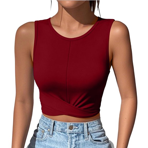 Mlzmgr Crop Tank Tops for Women Crossing Front Sleeveless Round Neck Slim Fitting Summer Casual Blouse Tops
