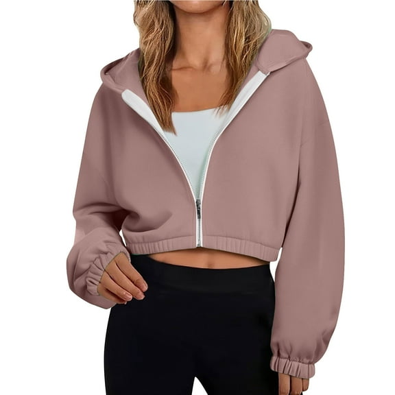 Mlzmgr Crop Top for Women Long Sleeve Zip up Hooded Cropped Jackets for Women Solid Color Fall Winter Fashion