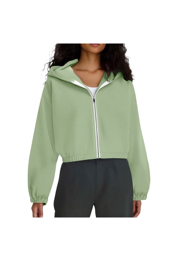 Crop Top for Women Long Sleeve Zip up Hooded Cropped Jackets for Women Solid Color Fall Winter Fashion