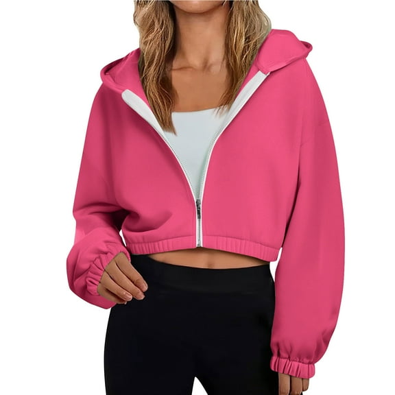 Mlzmgr Crop Top for Women Long Sleeve Zip up Hooded Cropped Jackets for Women Solid Color Fall Winter Fashion