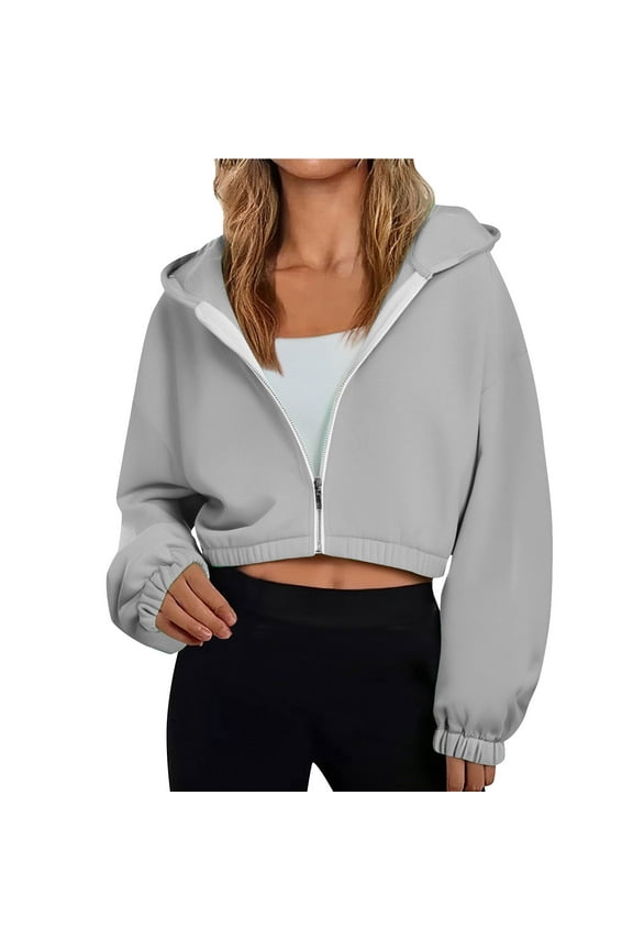Crop Top for Women Long Sleeve Zip up Hooded Cropped Jackets for Women Solid Color Fall Winter Fashion