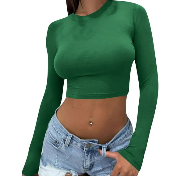 Mlzmgr Crop Tops for Women Crew Neck Long Sleeve Slim Fitted Stretchy Casual Sports Yoga Shirts for Women Solid Color