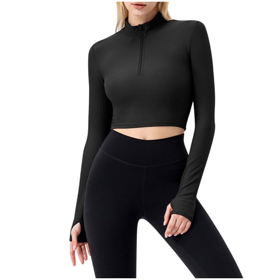 Mlzmgr Crop Tops for Women Long Sleeve High Neck Activewear Half Zipper Slim Stretchy Gym Workout Women's Shirts