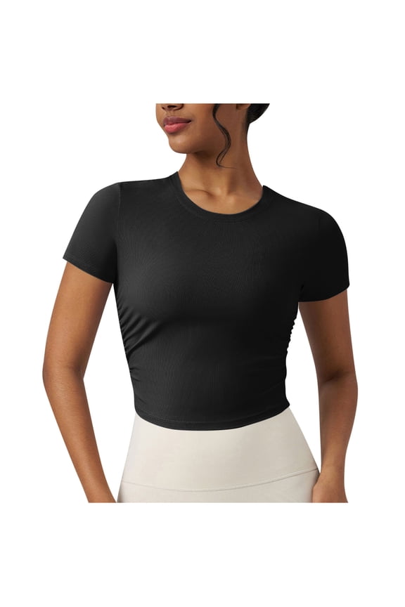 Crop Tops for Women Stretchy Spandex Slim Fitted Short Sleeve Crewneck Athletic Casual Tshirts for Women
