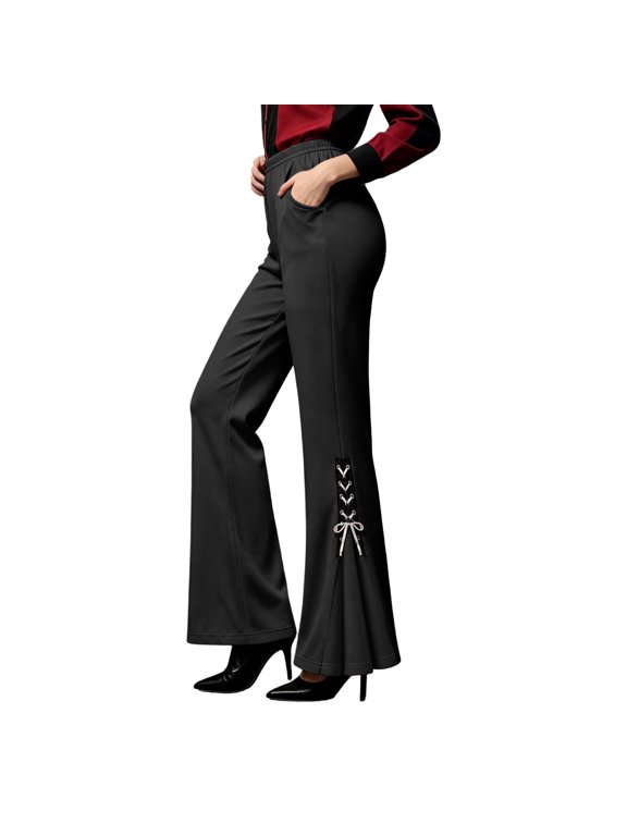 Flared Pants for Women Gothic Elastic Waist Lace-Up Split Bell Bottom Pants with Pockets Halloween Party Wear Trousers(XX-Large)