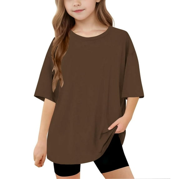 Mlzmgr Girls Boys T-shirts Short Sleeve Crewneck Blouses Tops 5-15 Years Loose Fitted Solid Color Tees