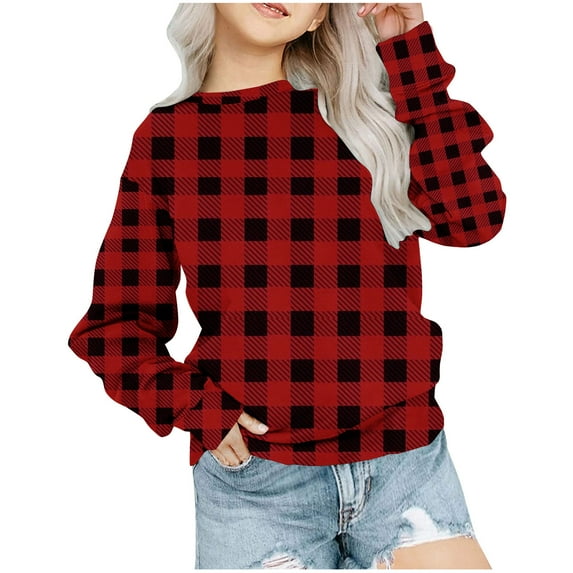 Mlzmgr Girls Sweatshirts Plaid Toddler Winter Fleece Pullover Tops Long Sleeve Baby Clothes 1- 12 Years