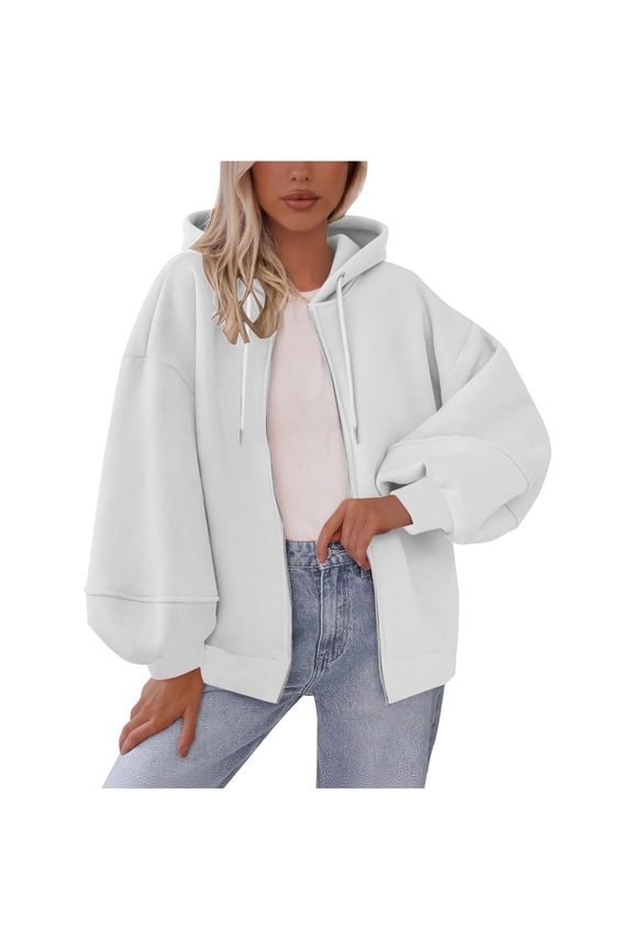 Hoodies Women Drawstring Full Zip Regular Fitted Long Sleeve Crew Neck Pullover Shirts with Multi Pockets