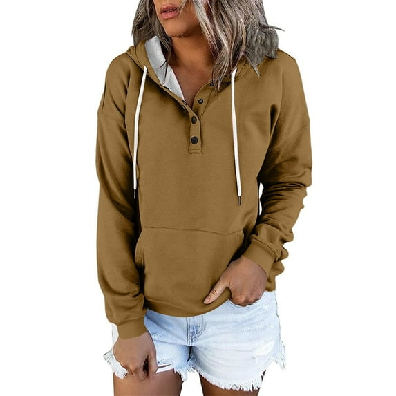Mlzmgr Hoodies for Women 1/4 Button Drawstirng Regular Fitted Sweatshirts Solid Color Casual Sports Shirts