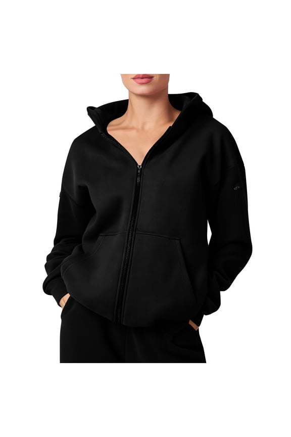 Hoodies for Women Full Zip Regular Fitted Long Sleeve Crew Neck Pullover Shirts with Multi Pockets Solid Color