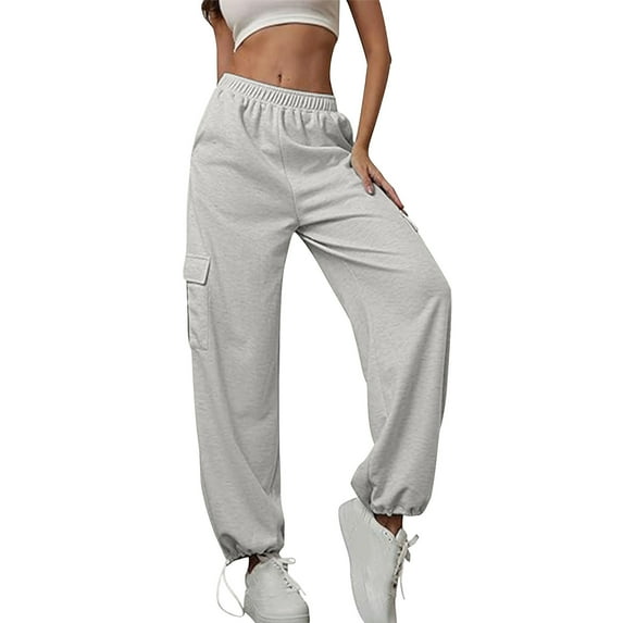 Mlzmgr Joggers for Women Elastic Waist Solid Color Fall Casual Baggy Workout Trousers Cargo Pants