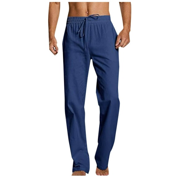 Mlzmgr Linen Cotton Mens Pants with Pockets Straight Leg Elastic Waist Pants Lounge Daily Trousers Summer Trendy