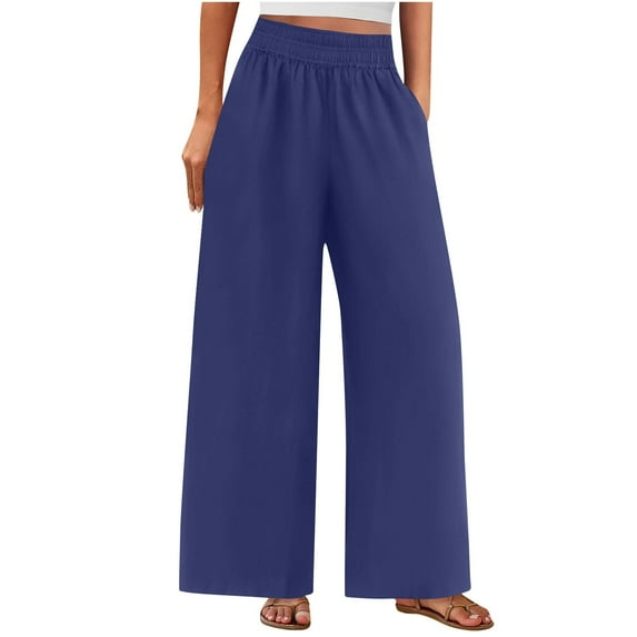 Mlzmgr Linen Pants for Women Wide Leg Drawstring Elastic Waist Pants Solid Color Loose Comfy Casual Trousers
