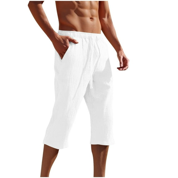 Mlzmgr Linen Shorts for Men Elastic Waisted Knee Length Drawstring Shorts for Men Casual Going out Capris