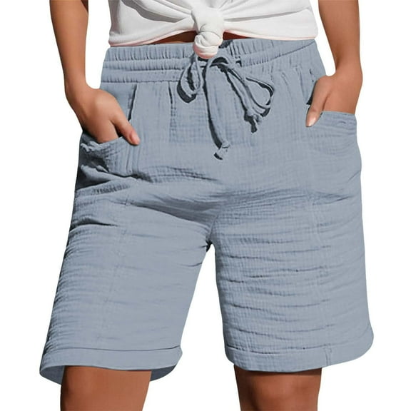 Mlzmgr Linen Shorts for Women 7 Inch Drawstring Elastic Waist Shorts with Pockets Casual Travel Shorts