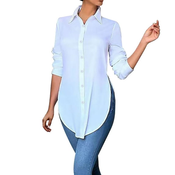 Mlzmgr Long Sleeve Dress Shirts for Women Collared Button down Business Casual Work Shirts Solid Color