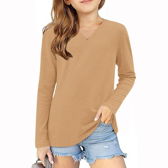 Mlzmgr Long Sleeve Shirts for Teen Girls V Neck Cotton Breathable Fitness Pullover Casual Tops for Kids Solid Color