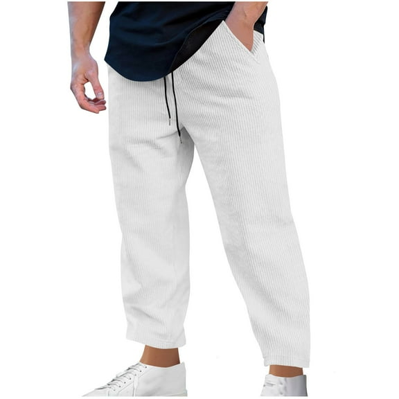 Mlzmgr Men's Pants S -3XL Straight Leg Elastic Waist Corduroy Pants with Pockets Summer Lounge Pants