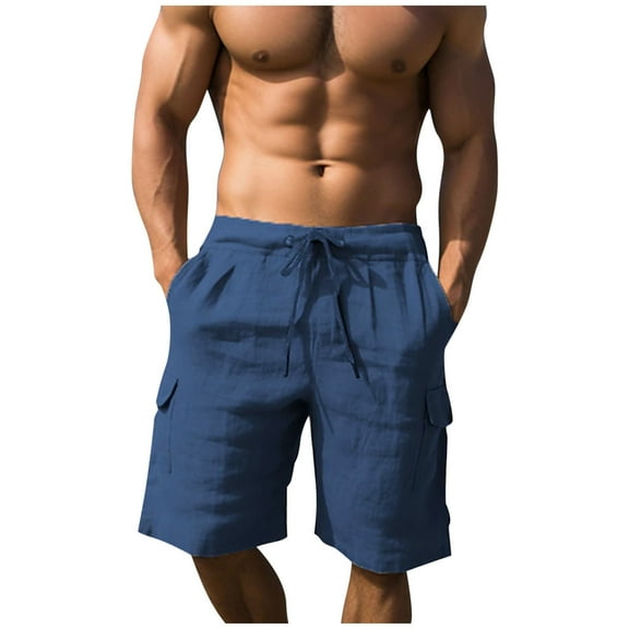 Mlzmgr Mens Cargo Short Linen Drawstring Elastic Waist Knee Length Shorts Summer Casual Short Pants Solid Color