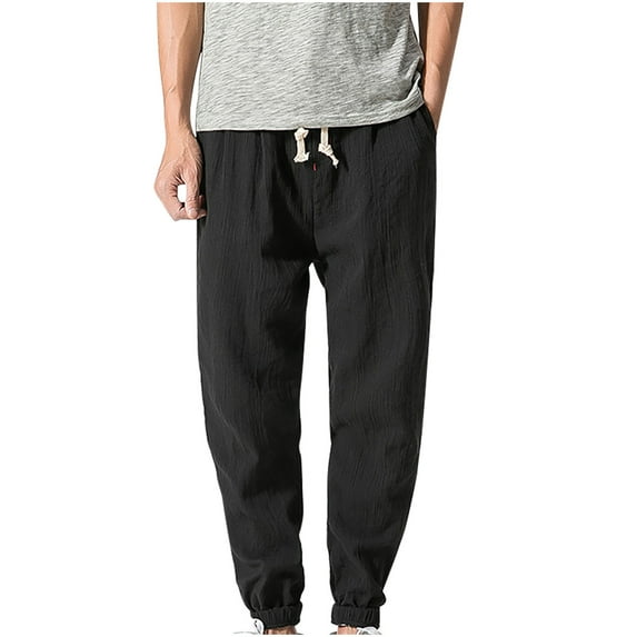 Mlzmgr Mens Cotton Linen Pants Plus Size Elastic Waist Baggy Ruched Solid Color Trousers Casual