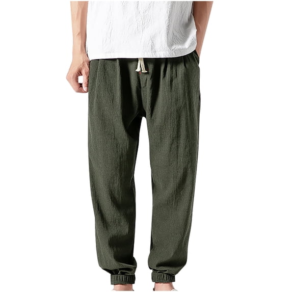 Mlzmgr Mens Cotton Linen Pants Plus Size Elastic Waist Baggy Ruched Solid Color Trousers Casual