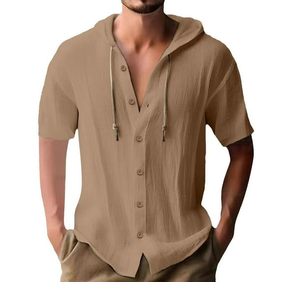 Mlzmgr Mens Shirts Drawstring Button up Hoodies Tops Lightweight Solid Color Casual Short Sleeve Tee