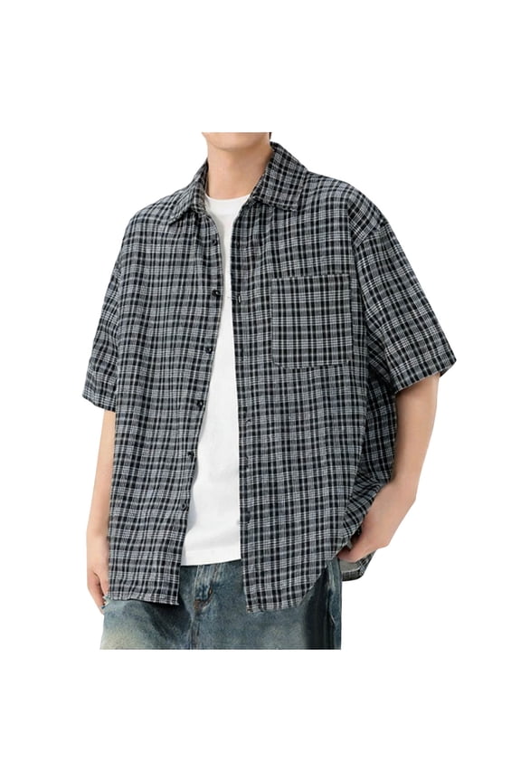 Mens Summer Button down Shirts Short Sleeve Casual Plaid Flannel Shirt
