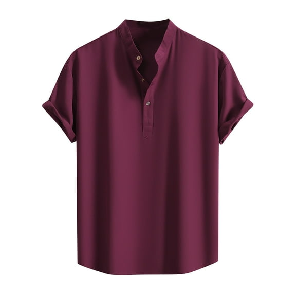 Mlzmgr Mens Top Stand Collar V Neck Button Short Sleeve Drop Shoulder Solid Color Casual Tee Top Travel