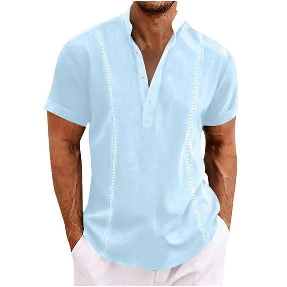 Mlzmgr Mens Tops Cotton Linen Short Sleeve Notched V Neck Button Lightweight Casual Loose Tops Summer