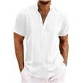 thumbnail image 1 of Mlzmgr Mens Tops Cotton Linen Short Sleeve Notched V Neck Button Lightweight Casual Loose Tops Summer, 1 of 6