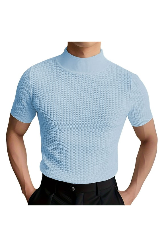Mens Tops Half High Neck Short Sleeve Comfy Fitting Solid Color Knit Tee Shirts Summer Fashion