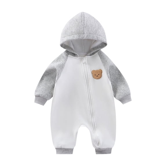 Mlzmgr Newborn Boy Clothes Long Sleeve Embroidered Hooded Outwear Romper Color Block Zipper Jumpsuit Fall Outfits(12-18 Months,Gray)