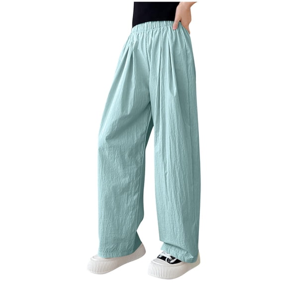 Mlzmgr Pants for Girls Loose Wide Leg Lightweight Elastic High Waisted Casual Pants Kids Trousers Daily Wear(8-9 Years,Light Blue)