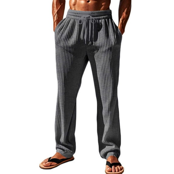Mlzmgr Pants for Men Loose Fitted Elastic Waisted Straight Leg Ribbed Knit Trousers with Pockets Athletic Casual Pants