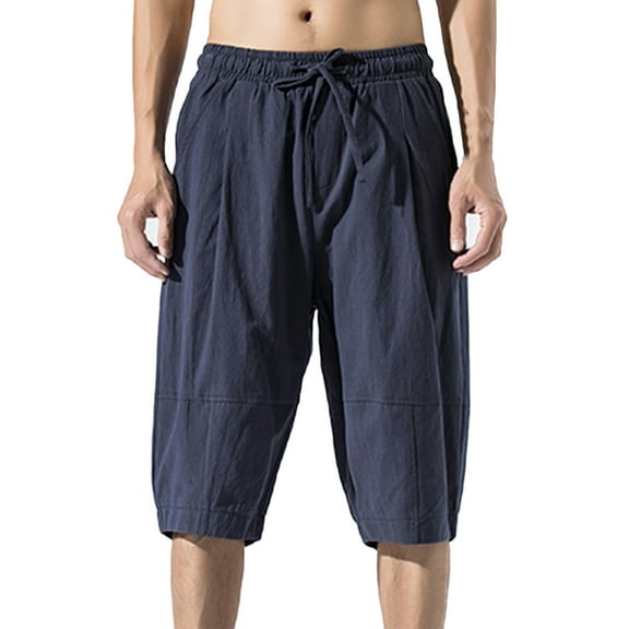 Mlzmgr Plus Size Capri Pants for Men M-5XL Cotton Linen Darwasting Elastic Waist Summer Casual Pants for Men