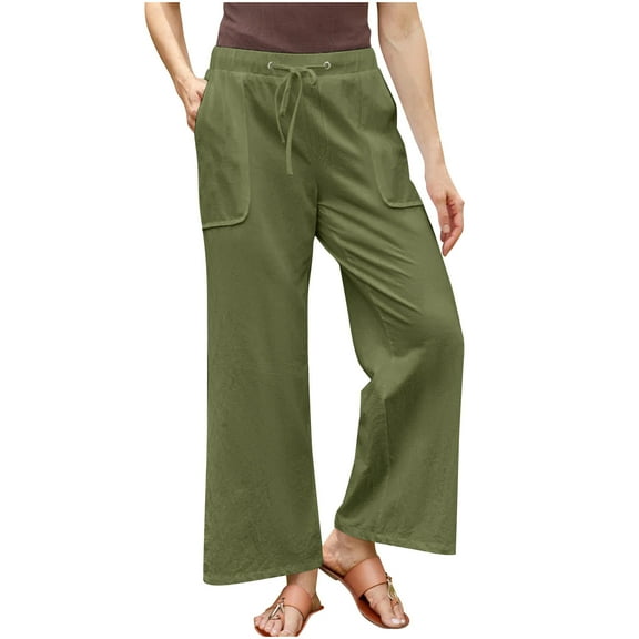 Mlzmgr Plus Size Linen Pants for Women Lightweight Drawstring Elastic Waist Loose Comfy Summer Pants with Pockets