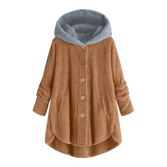 Mlzmgr Plus Size Overcoats for Women Button down Fuzzy Fleece Long Sleeve Jacket with Hood Outdoor Outerwear Tops S-5XL