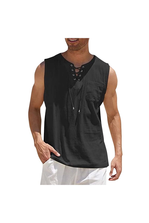 Plus Size Tank Tops for Men Linen Sleeveless Drawstring Tops Summer Vacation Casaul Shirts for Men S-5XL