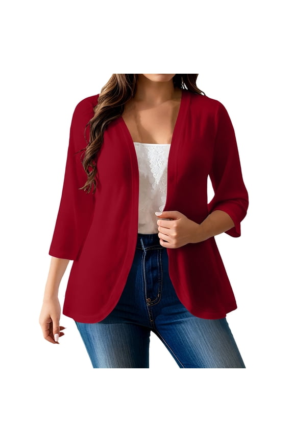 Plus Size Tops for Women 3/4 Length Sleeve Cardigan Tops Open Front Casual Lightweight Jackets for Fall Daily Outing(XX-Large,Red)