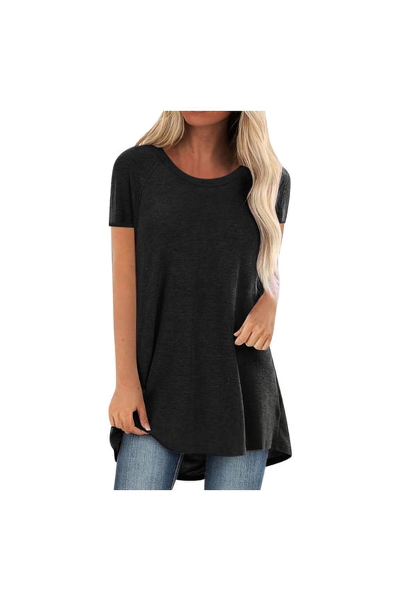 Plus Size Tops for Women Scoop Neck Short Sleeve Mid Long Tops Travel Casual Loose Comfy Blouse