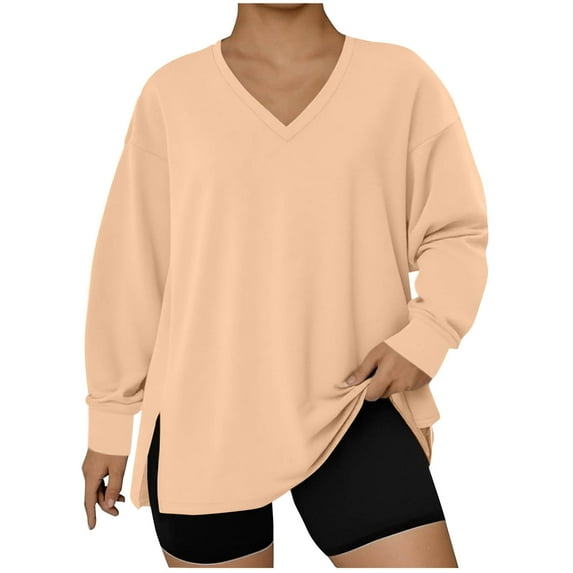 Mlzmgr Plus Size Womens V Neck Tops Long Sleeve Pullover Baggy Loose Casual Sports Tops for Women L-5XL