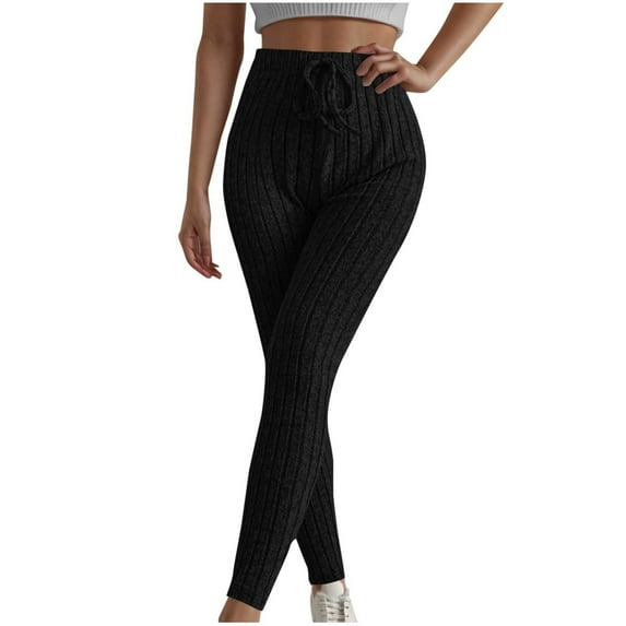 Mlzmgr Ribbed Knit Pants for Women Slim Fitted Elastic High Waist Drawstring Trousers Workout Casual Pants