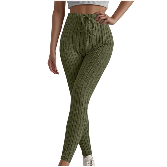 Mlzmgr Ribbed Knit Pants for Women Slim Fitted Elastic High Waist Drawstring Trousers Workout Casual Pants