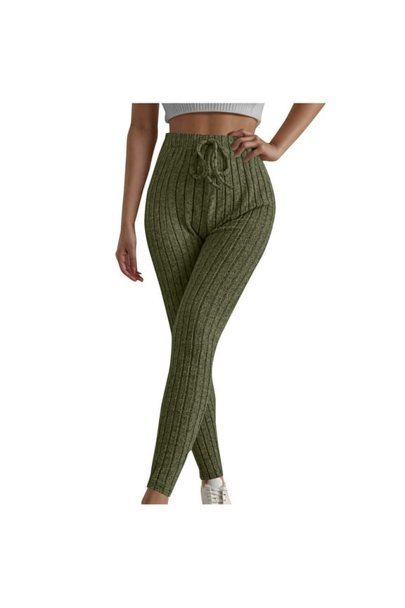 Ribbed Knit Pants for Women Slim Fitted Elastic High Waist Drawstring Trousers Workout Casual Pants