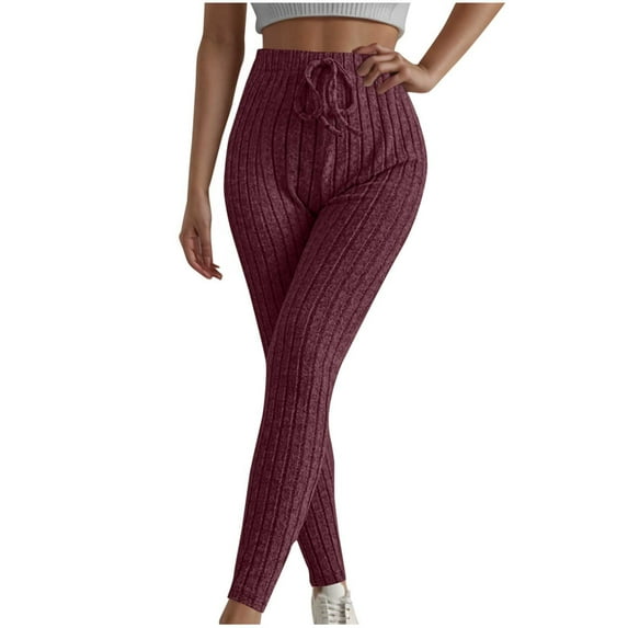 Mlzmgr Ribbed Knit Pants for Women Slim Fitted Elastic High Waist Drawstring Trousers Workout Casual Pants