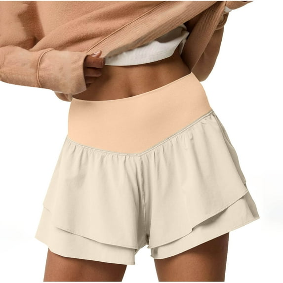 Mlzmgr Running Shorts for Women 2 in 1 High Waisted Lightweight Stretchy Ruffle Short with Pockets